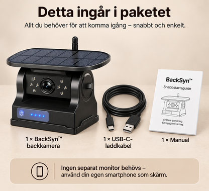 BackSyn™ backkamera med USB-C-laddkabel och manual
