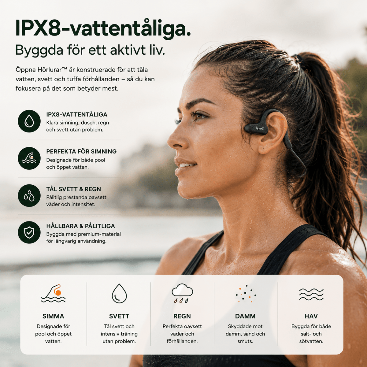 Kvinna som använder öppna hörlurar under löpning