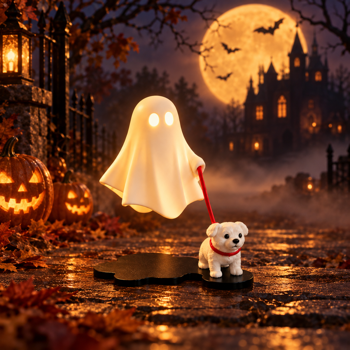 Lysande Spökvandringen Halloweenfigur framför fullmåne och pumpor