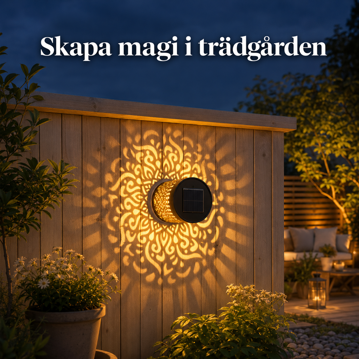 Närbild på en svart solarcellslampa i metall monterad på en ljus vägg som sprider ett detaljerat mandalamönster av ljus.