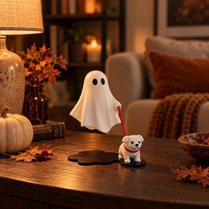 Spökvandringen dekorativ Halloweenfigur med spöke, hund och rött koppel