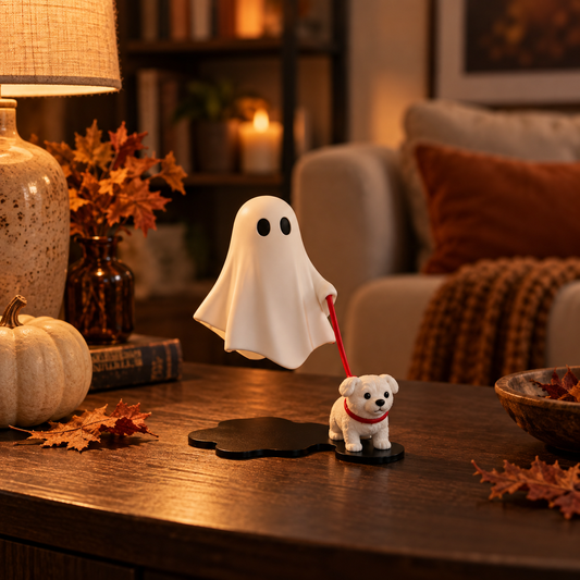 Spökvandringen dekorativ Halloweenfigur med spöke, hund och rött koppel