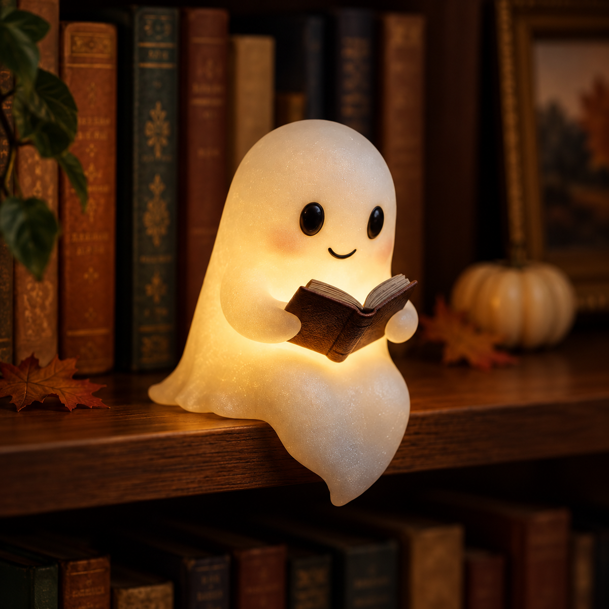 SagoSpöket läsande Halloweenfigur med mjukt sken i en bokhylla