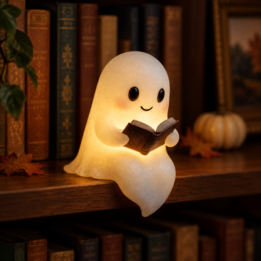 SagoSpöket läsande Halloweenfigur med mjukt sken i en bokhylla