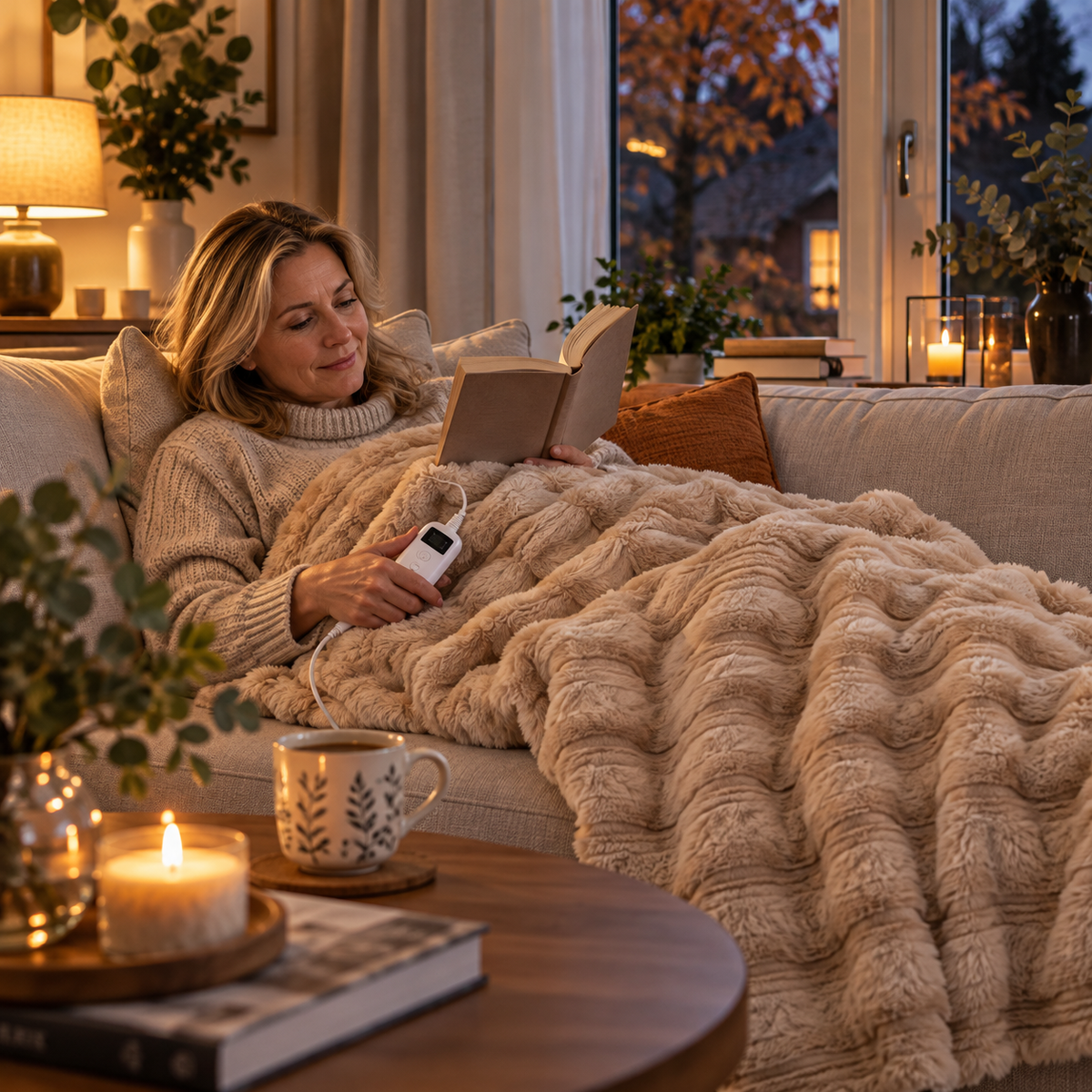 Kvinna i soffan med beige värmepläd för kalla kvällar