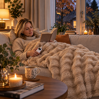 Kvinna i soffan med beige värmepläd för kalla kvällar