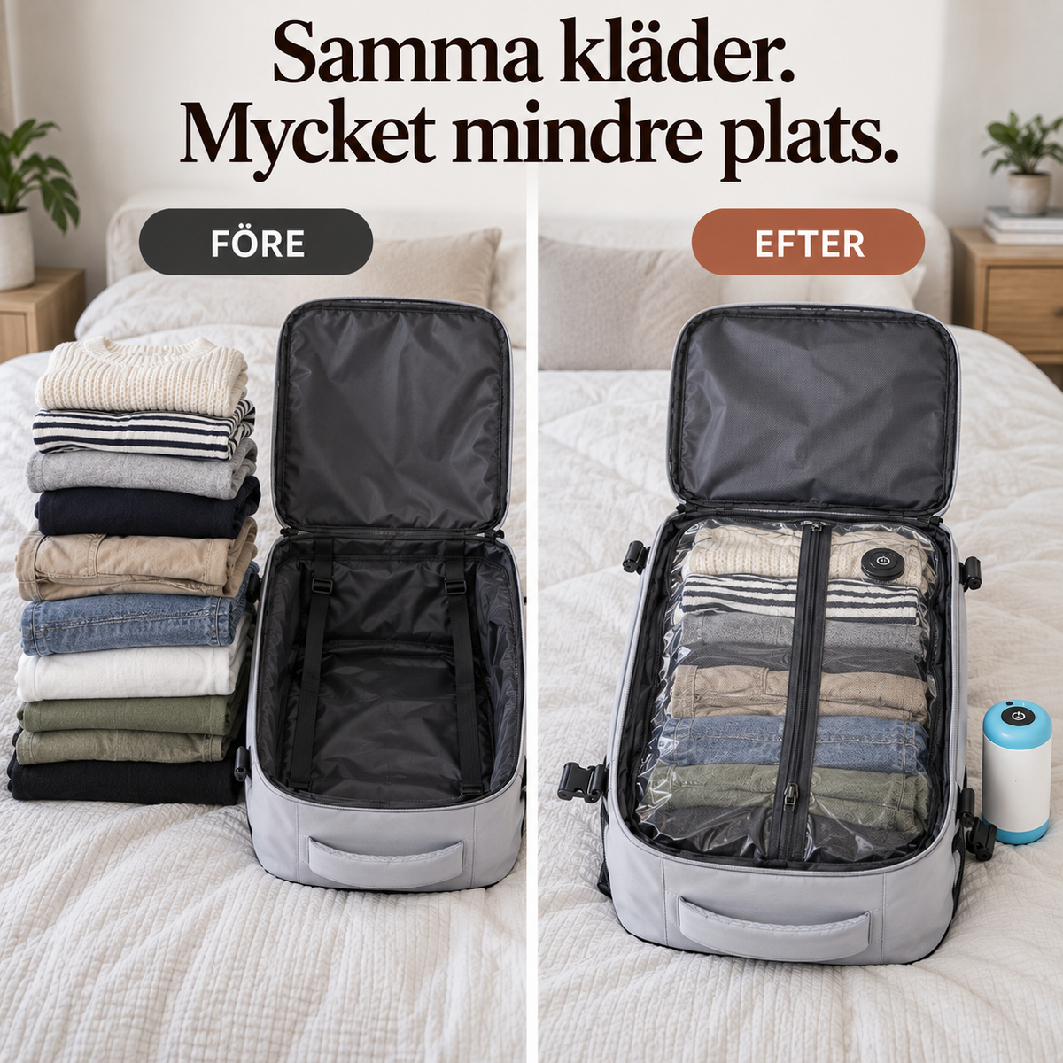 Samma mängd kläder före och efter vakuumkomprimering i PackMax