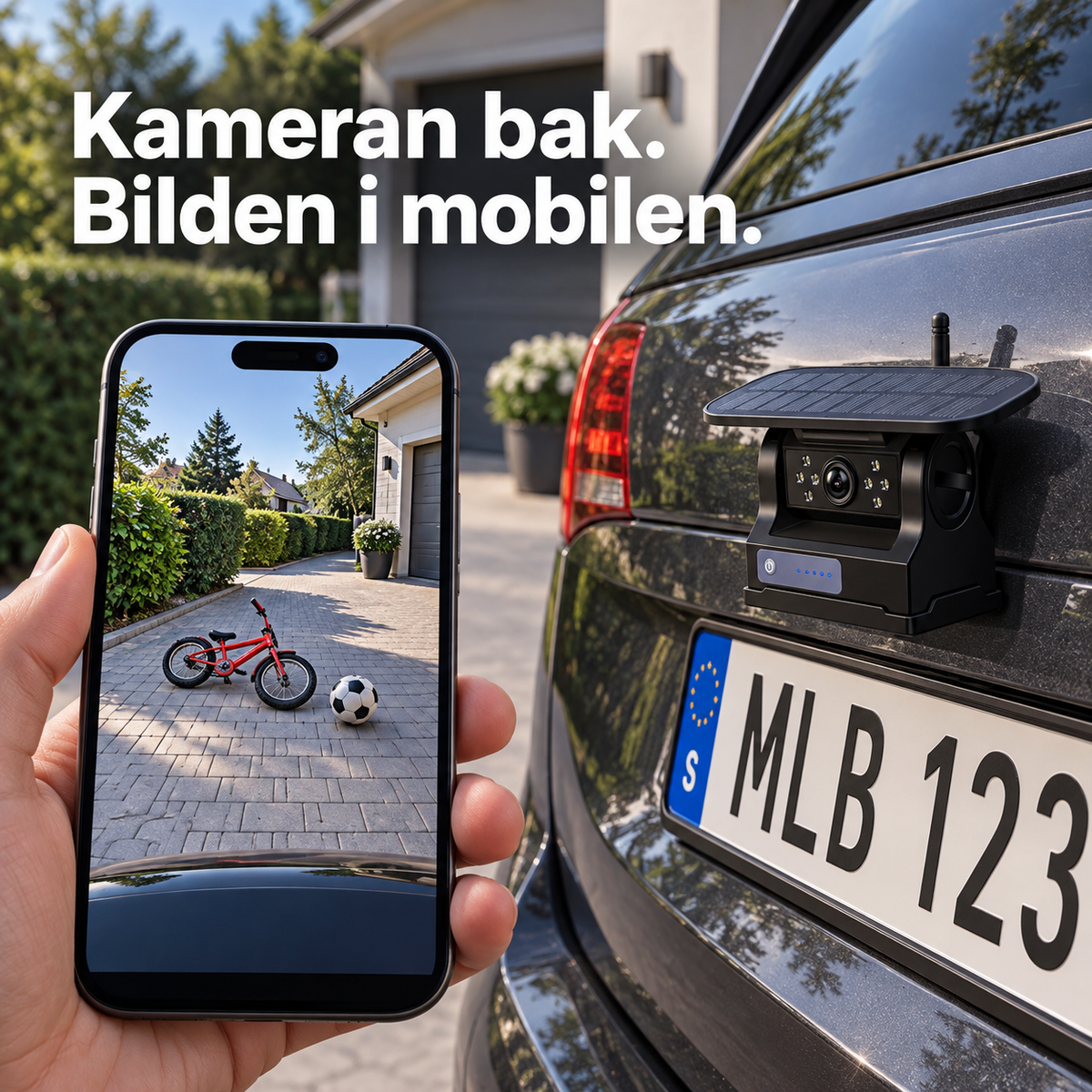 BackSyn™ trådlös backkamera som visar området bakom bilen direkt i mobilen