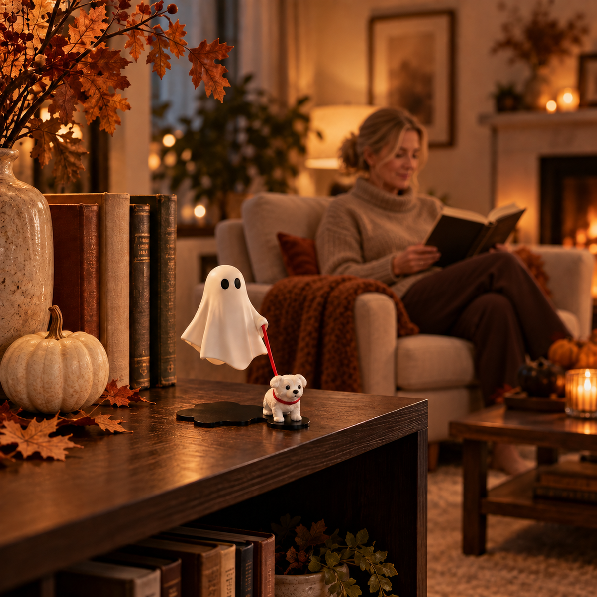 Spökvandringen Halloweenfigur i ett höstdekorerat vardagsrum