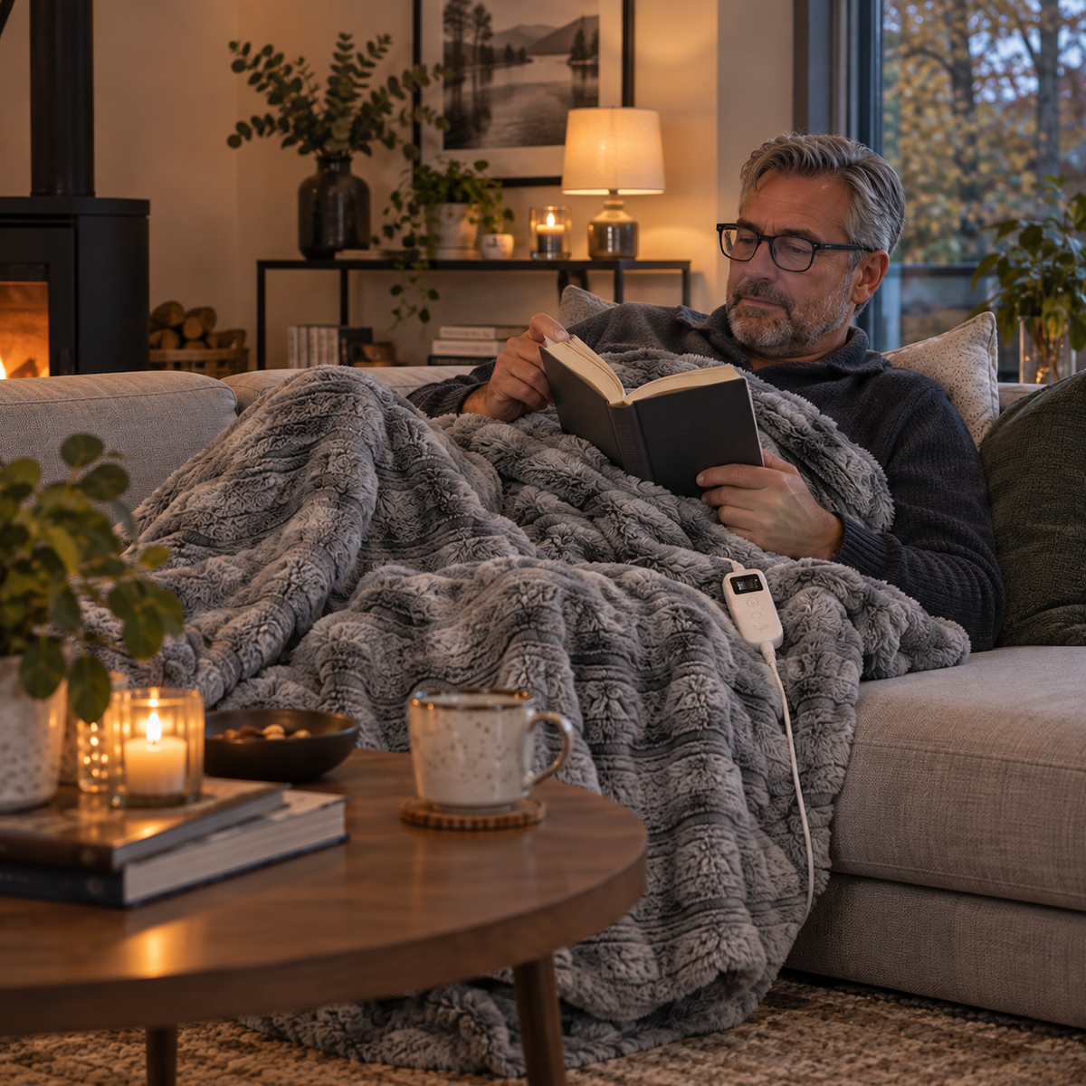 Man i soffan med grå värmepläd