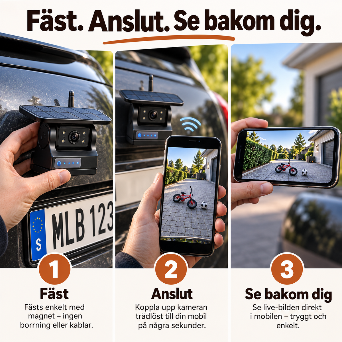 BackSyn™ magnetisk backkamera ansluts trådlöst till mobilen utan kabeldragning