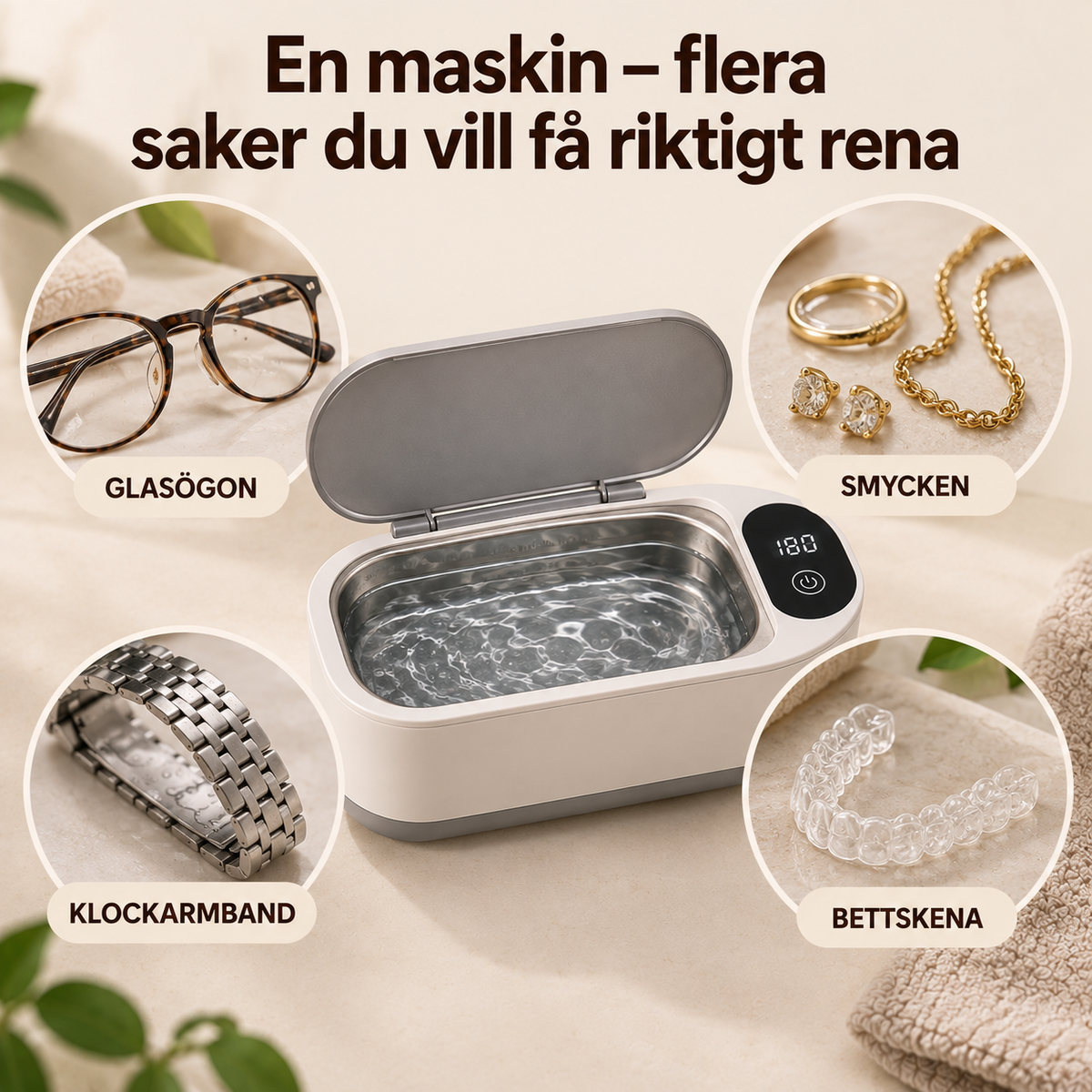 PureSonic ultraljudsrengörare för glasögon, smycken, klockarmband och bettskena