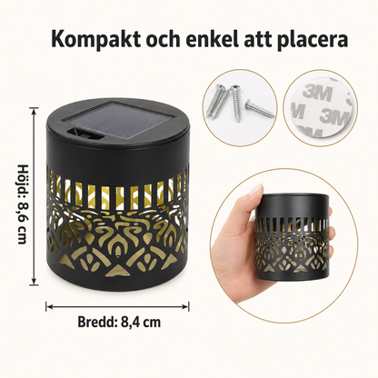 Produktbild som visar solarcellslampans mått, höjd och bredd, samt hur den kan monteras med skruvar eller tejp.