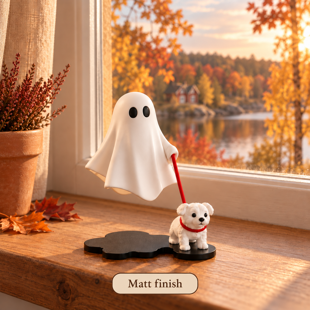 Spökvandringen med matt finish placerad i ett höstfönster
