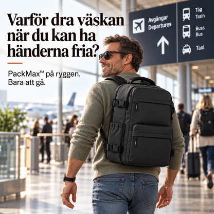Man reser med svart PackMax vakuumryggsäck på flygplats