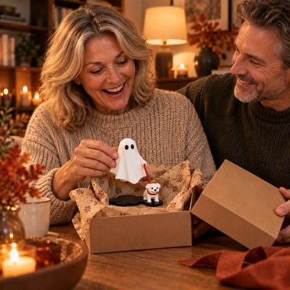 Kvinna öppnar Spökvandringen Halloweenfigur som present