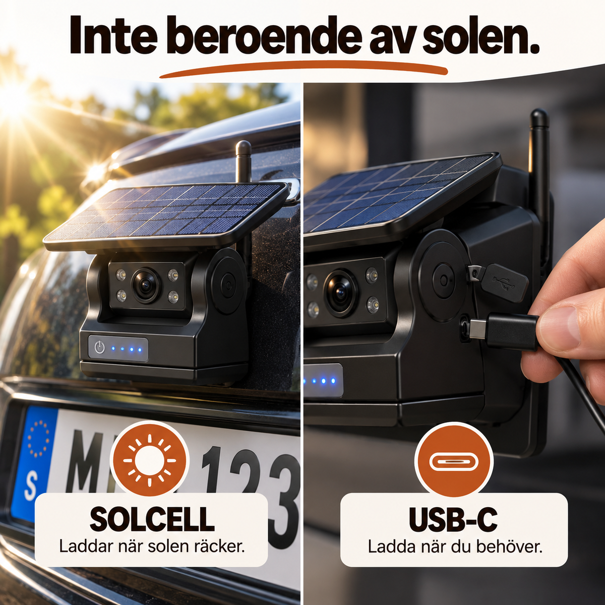 BackSyn™ backkamera med solcell, USB-C-laddning och 10 000 mAh batteri