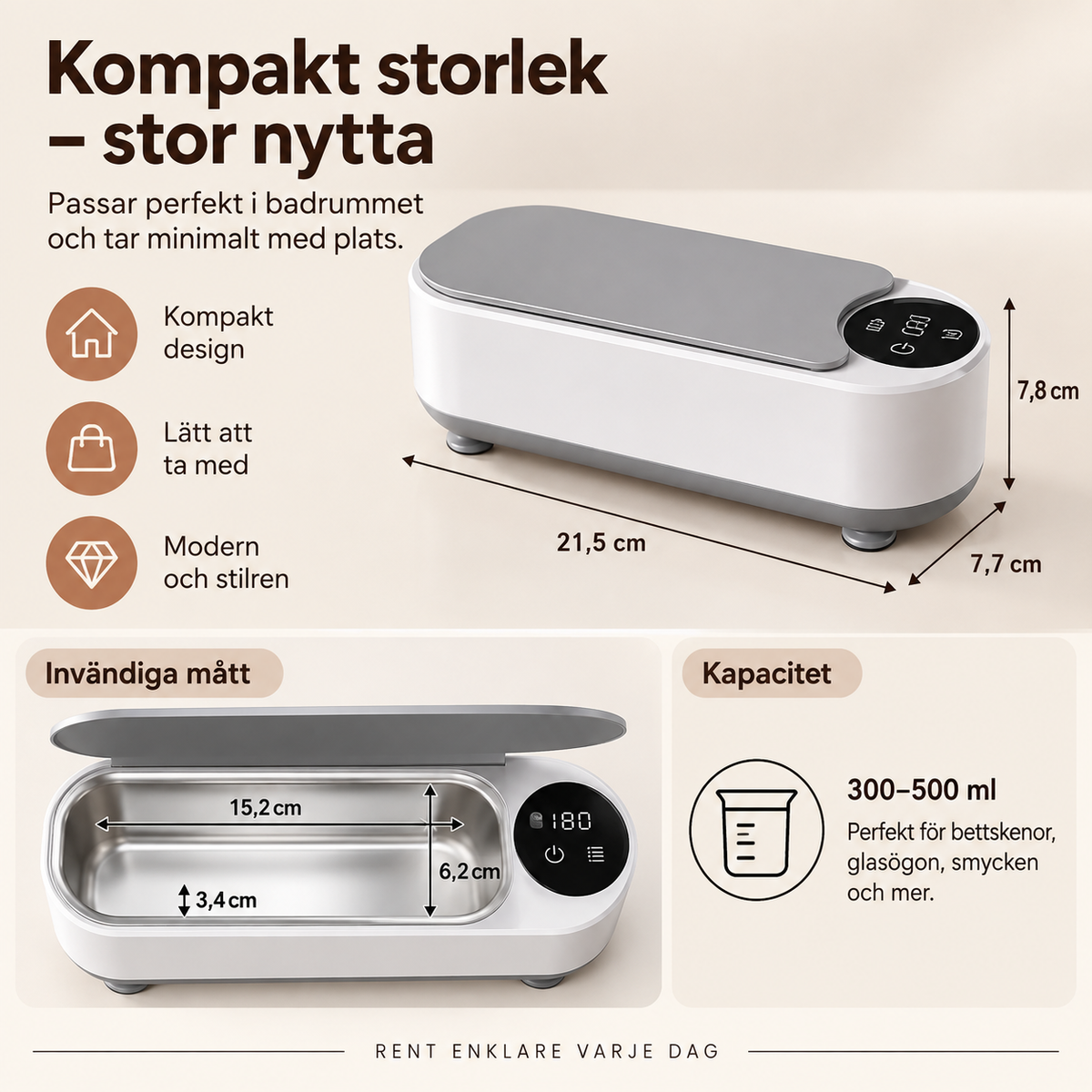 PureSonic ultraljudsrengörare – mått, rengöringstank och kapacitet