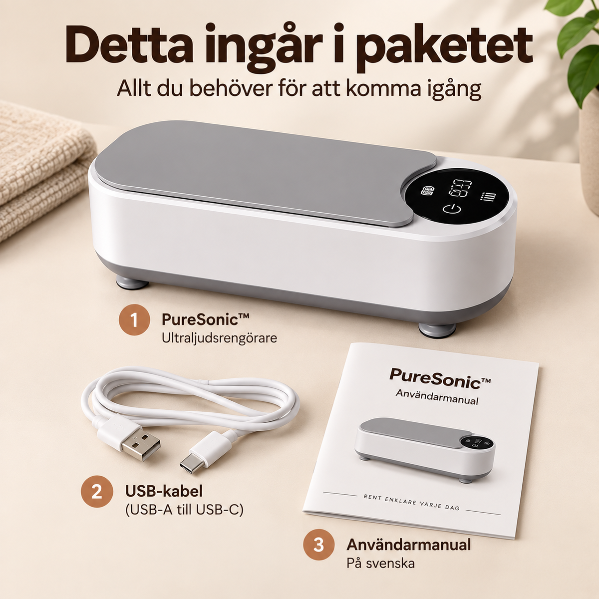 PureSonic ultraljudsrengörare med USB-kabel och tillbehör