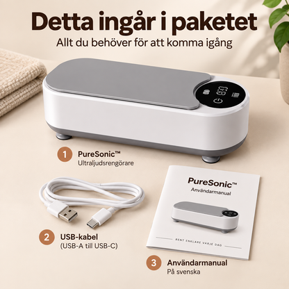 PureSonic ultraljudsrengörare med USB-kabel och tillbehör