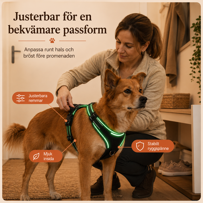 Hundägare justerar NattSyn hundsele för en bekväm passform