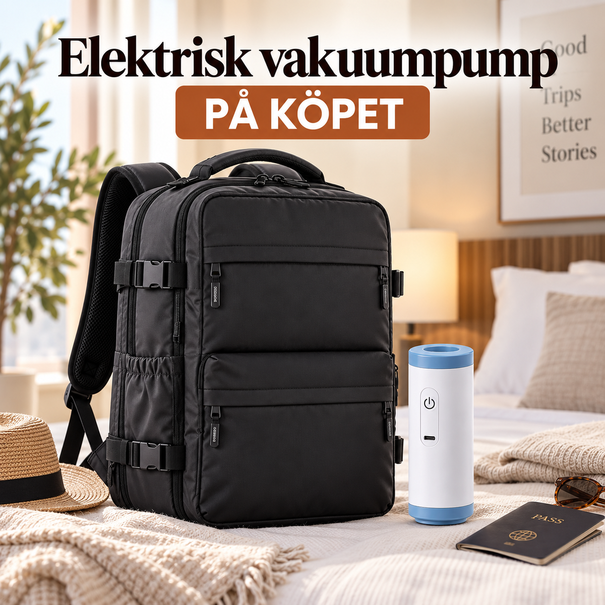 Svart PackMax vakuumryggsäck med medföljande elektrisk vakuumpump