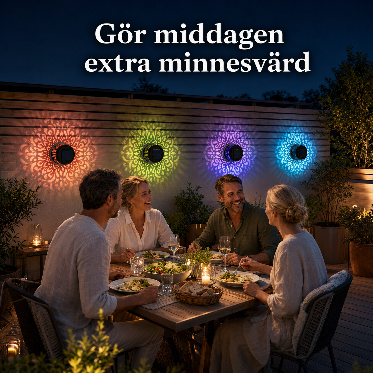 En middag på altanen på kvällen med vänner runt ett bord. Solarcellslampor på trästaketet kastar vackra och färgstarka mandalamönster i bakgrunden.