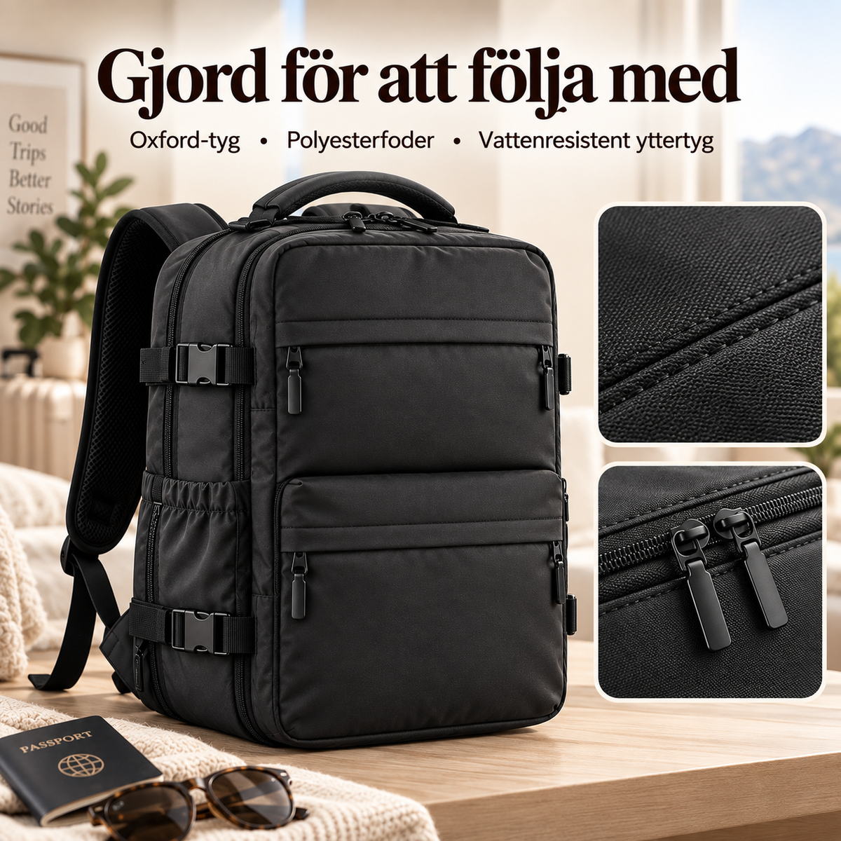 Närbilder på material och konstruktion på svart PackMax reseryggsäck