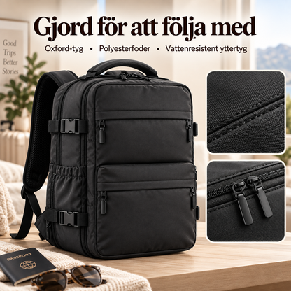 Närbilder på material och konstruktion på svart PackMax reseryggsäck