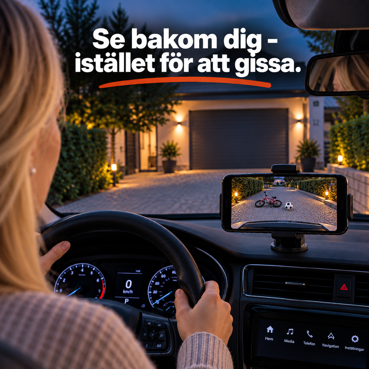 BackSyn™ trådlös backkamera visar cykel och boll bakom bilen direkt i mobilen