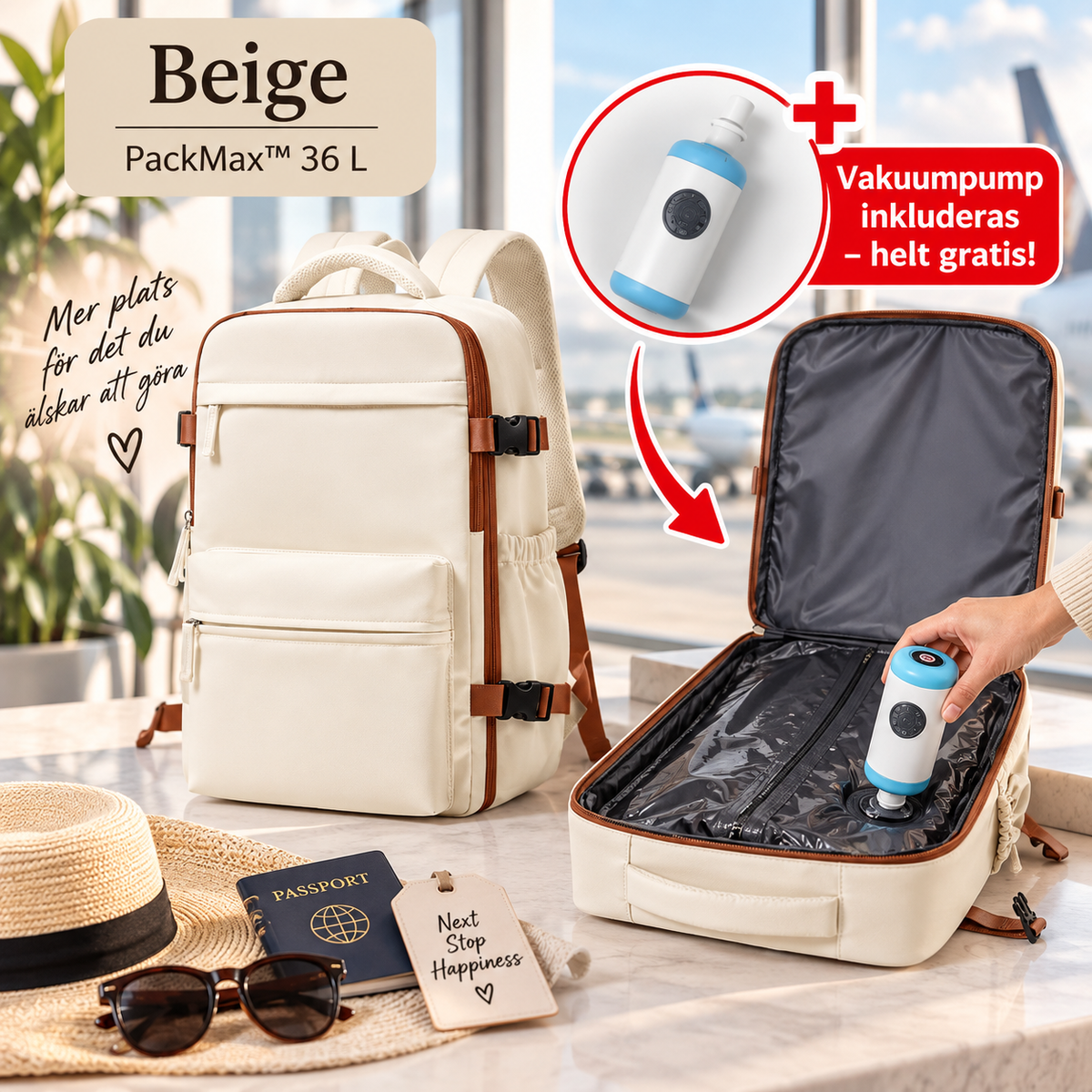 Beige PackMax vakuumryggsäck 36 L med elektrisk vakuumpump