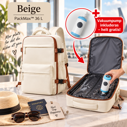Beige PackMax vakuumryggsäck 36 L med elektrisk vakuumpump