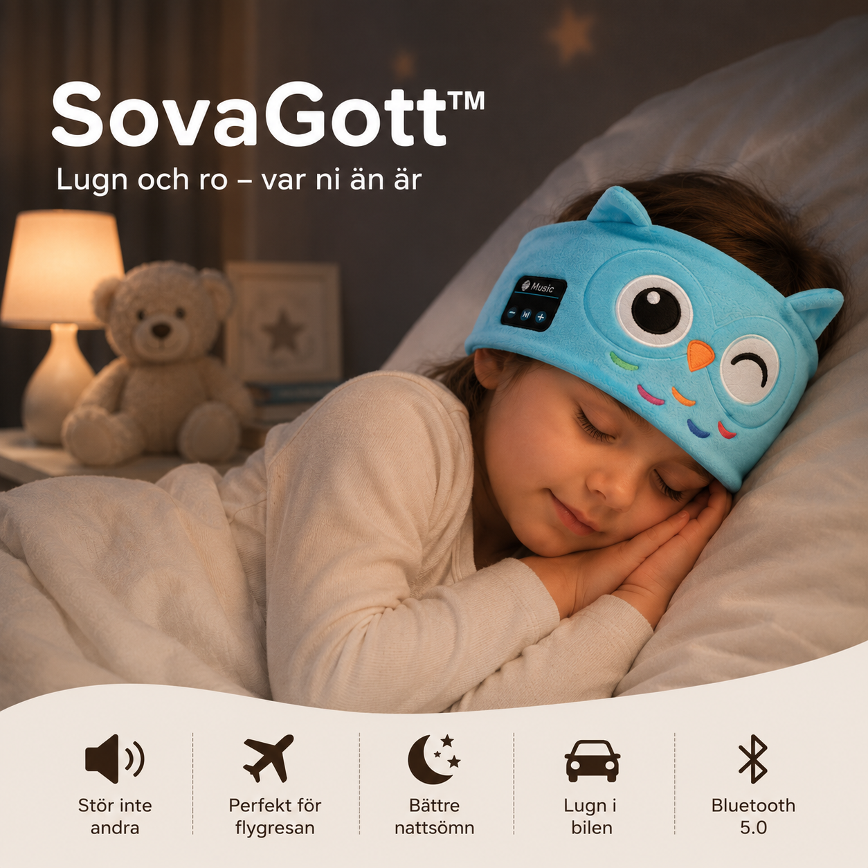 SovaGott trådlöst musikpannband för barn i mjuk fleece med djurmotiv.