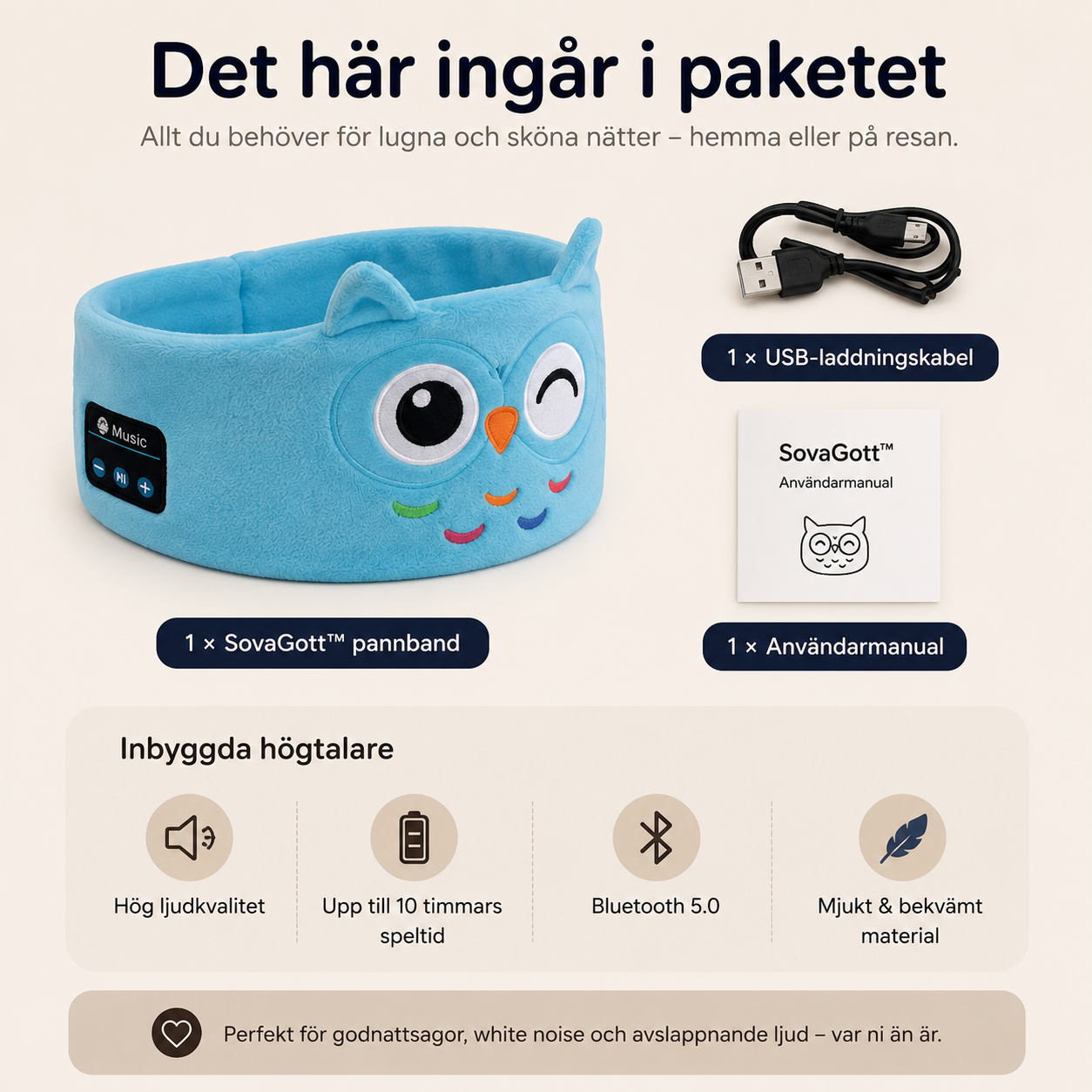 SovaGott trådlöst musikpannband för barn i mjuk fleece med djurmotiv.