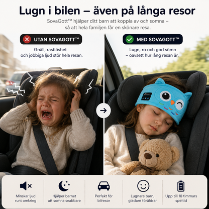 SovaGott trådlöst musikpannband för barn i mjuk fleece med djurmotiv.