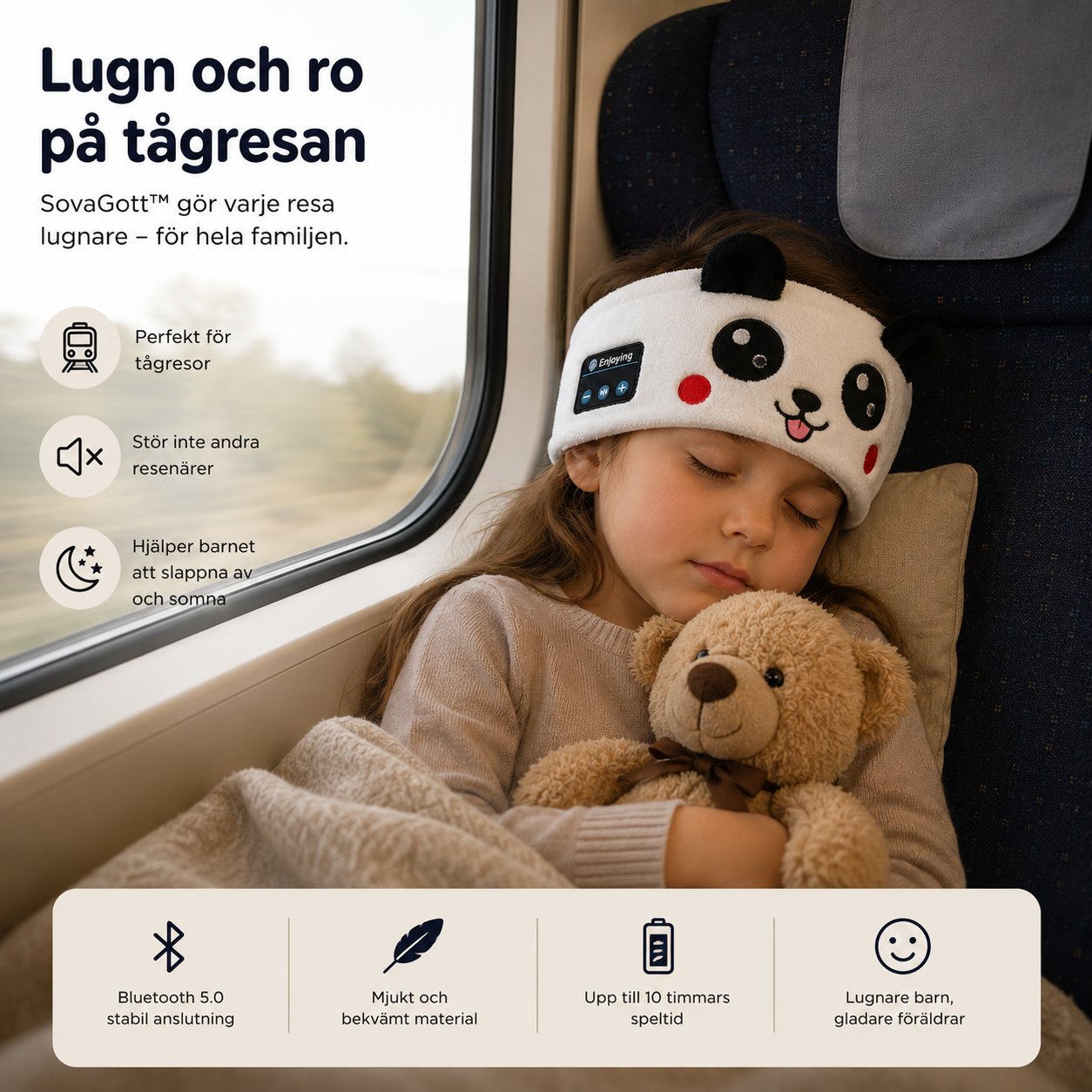 SovaGott trådlöst musikpannband för barn i mjuk fleece med djurmotiv.