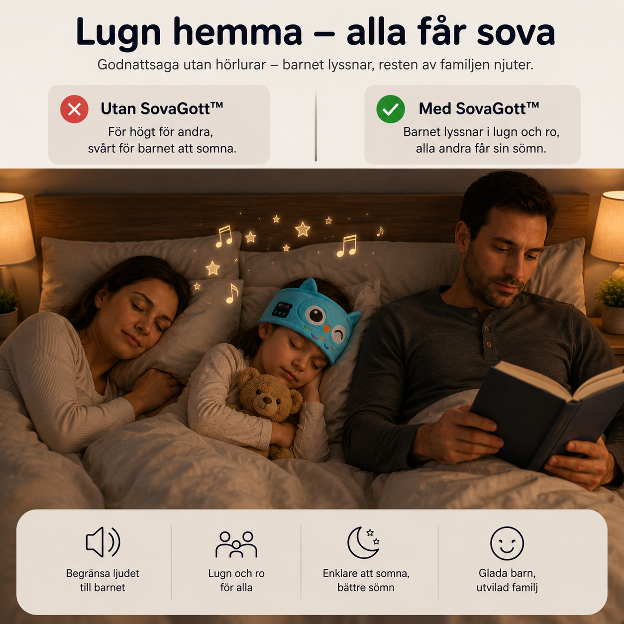 SovaGott trådlöst musikpannband för barn i mjuk fleece med djurmotiv.
