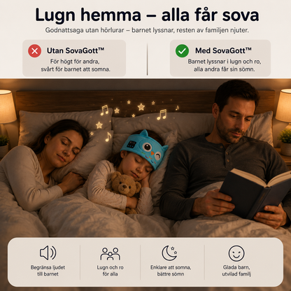 SovaGott trådlöst musikpannband för barn i mjuk fleece med djurmotiv.