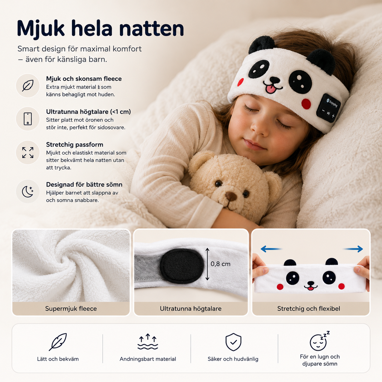 SovaGott trådlöst musikpannband för barn i mjuk fleece med djurmotiv.