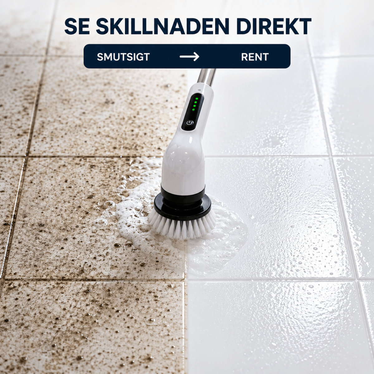 Bildtext:de 9 utbytbara borsthuvudena kommer du åt överallt – i fogar, runt kranen, på spisen och i fönsterkarmarna. Enkel, effektiv och sladdlös rengöring för hela hemmet. 🧼🛠️
