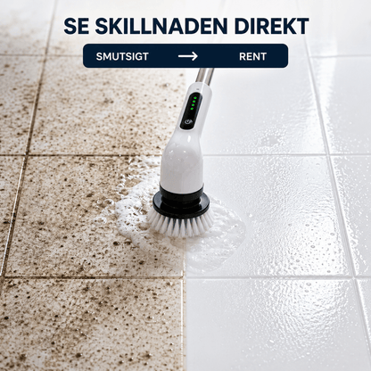 Bildtext:de 9 utbytbara borsthuvudena kommer du åt överallt – i fogar, runt kranen, på spisen och i fönsterkarmarna. Enkel, effektiv och sladdlös rengöring för hela hemmet. 🧼🛠️