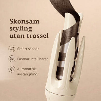 Närbild på när håret lindas skonsamt runt locktångens cylinder