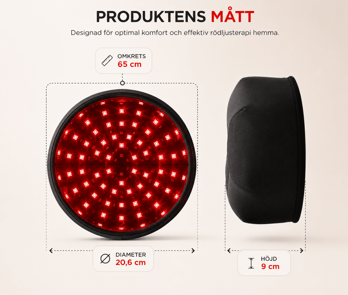 Produktmått för rödljusterapi till hårbotten med LED-ljus