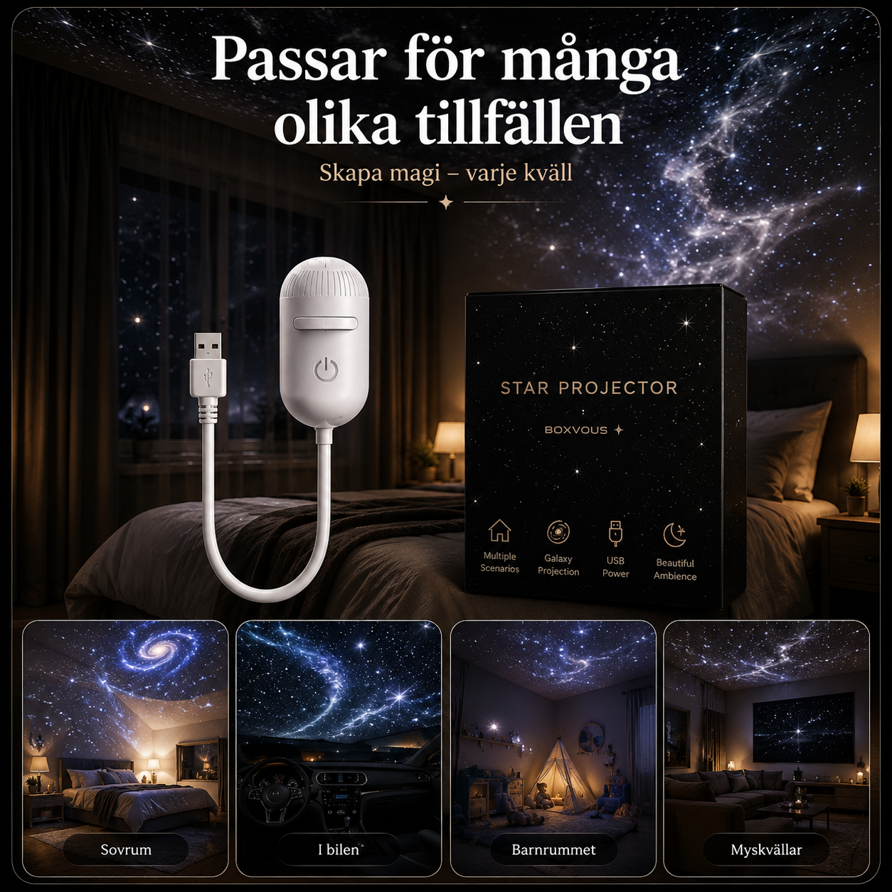 Galaxy Projektor & Nattlampa 2-i-1 (Med 12 Magiska Motiv)