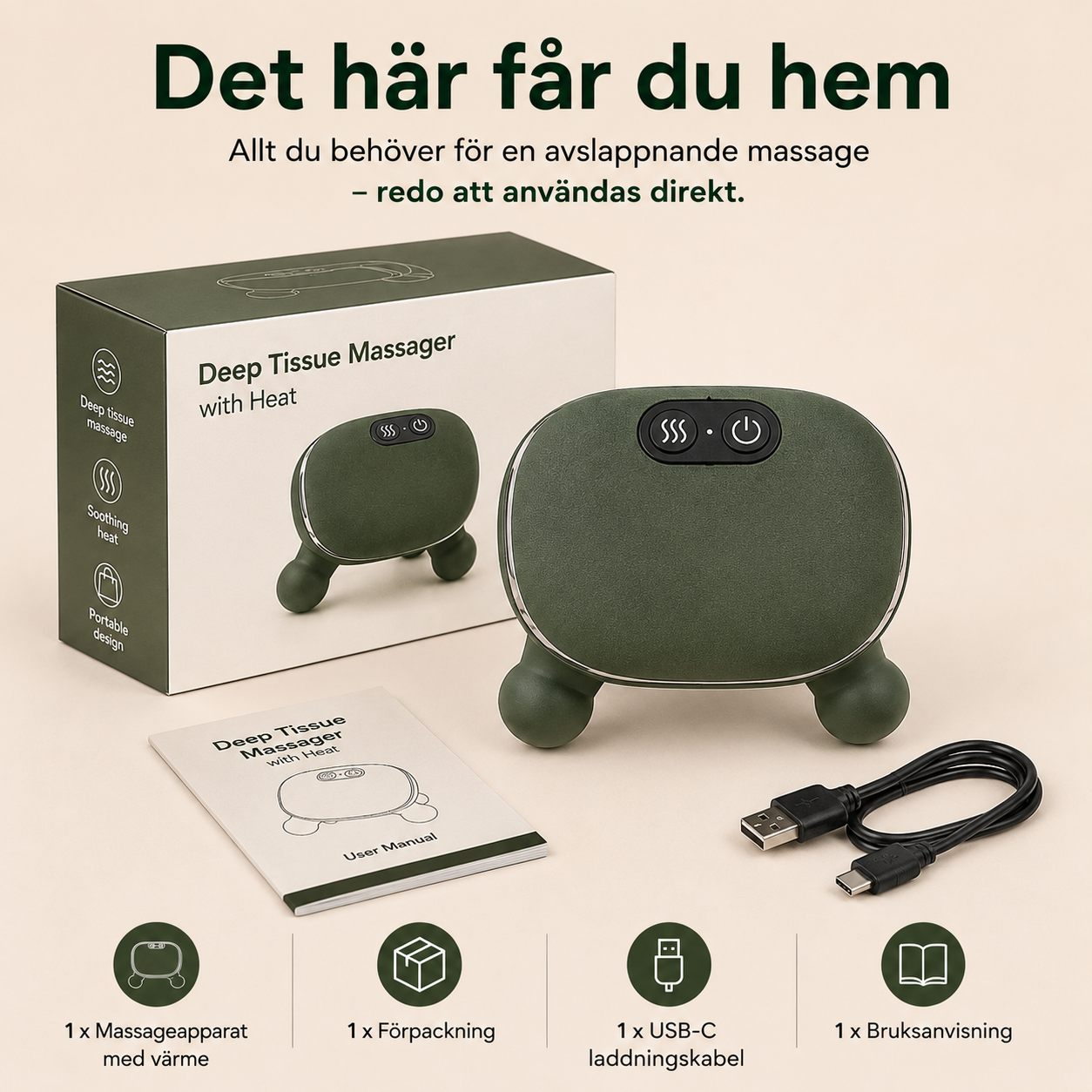 Förpackning med nack- och axelmassager, USB-C laddkabel och bruksanvisning.