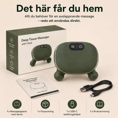 Förpackning med nack- och axelmassager, USB-C laddkabel och bruksanvisning.