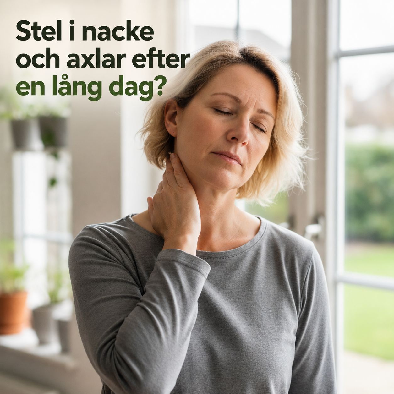 Kvinna som håller handen mot nacken på grund av spänningar och stelhet.