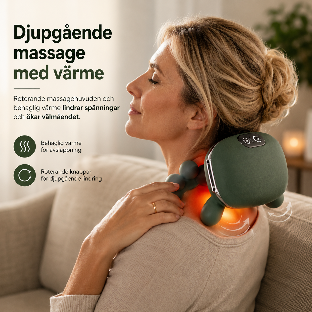 Kvinna använder nack- och axelmassager med värme för att lindra spänningar.