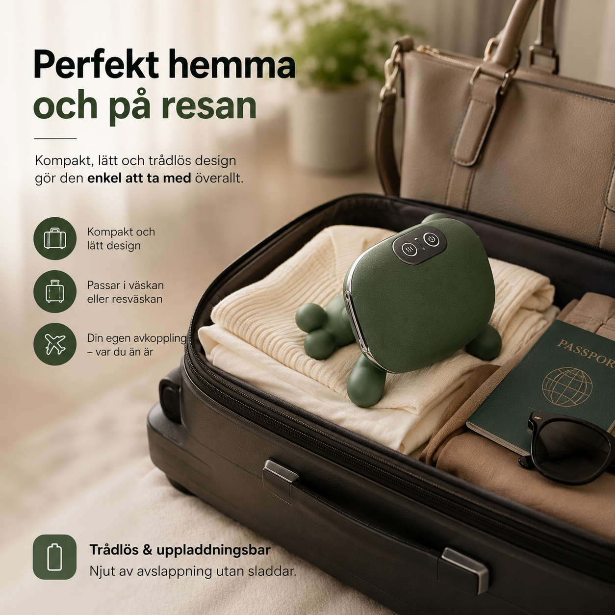 Kompakt trådlös massager placerad i resväska för enkel transport.