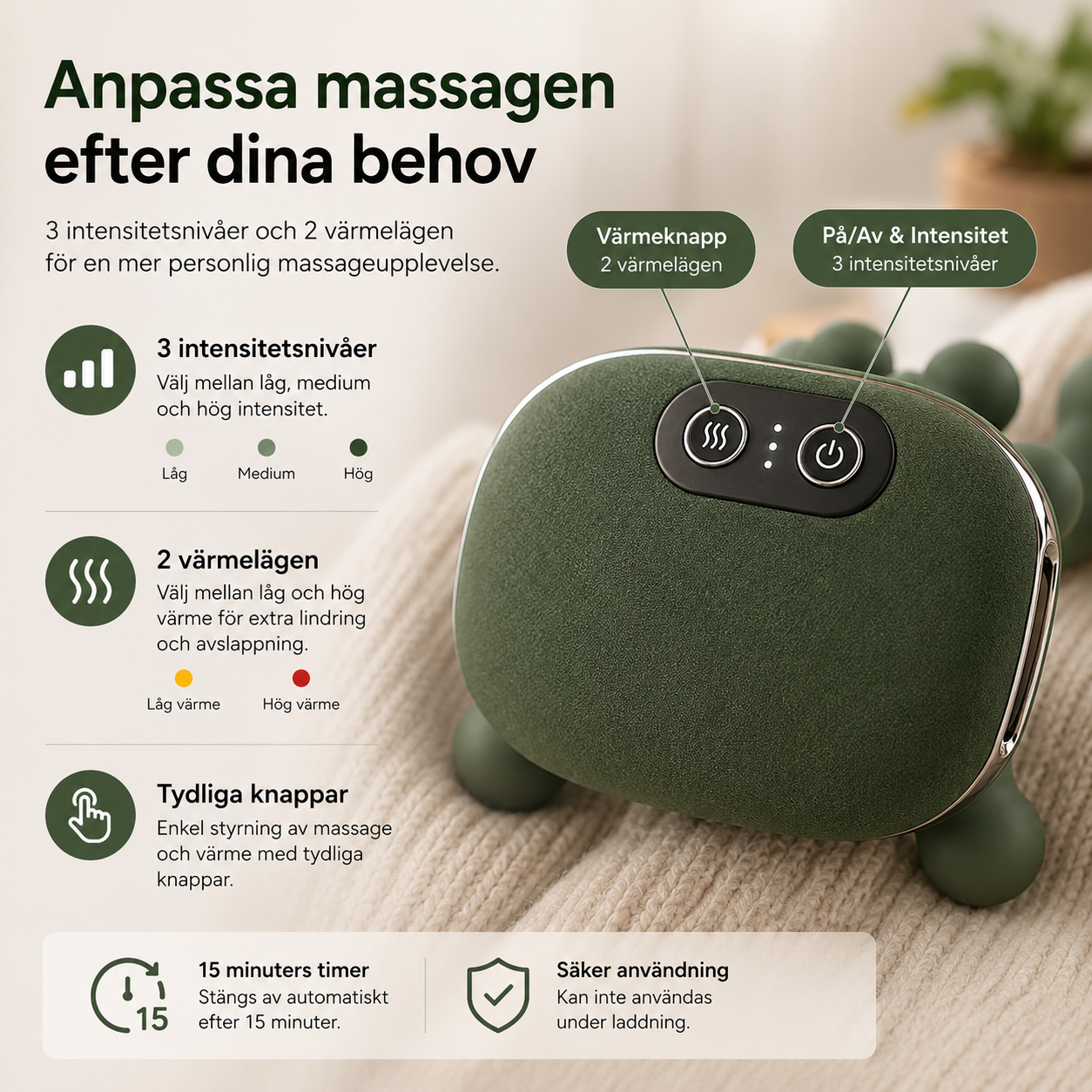 Närbild på knappar för värme och massage på trådlös nack- och axelmassager.